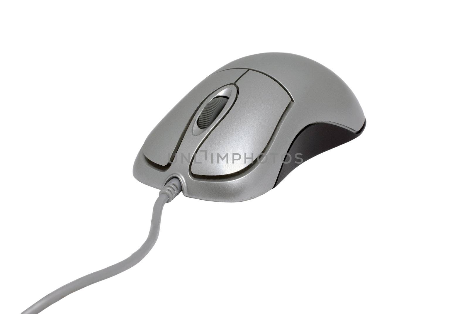 Silver PC mouse with cable isolated on white background.