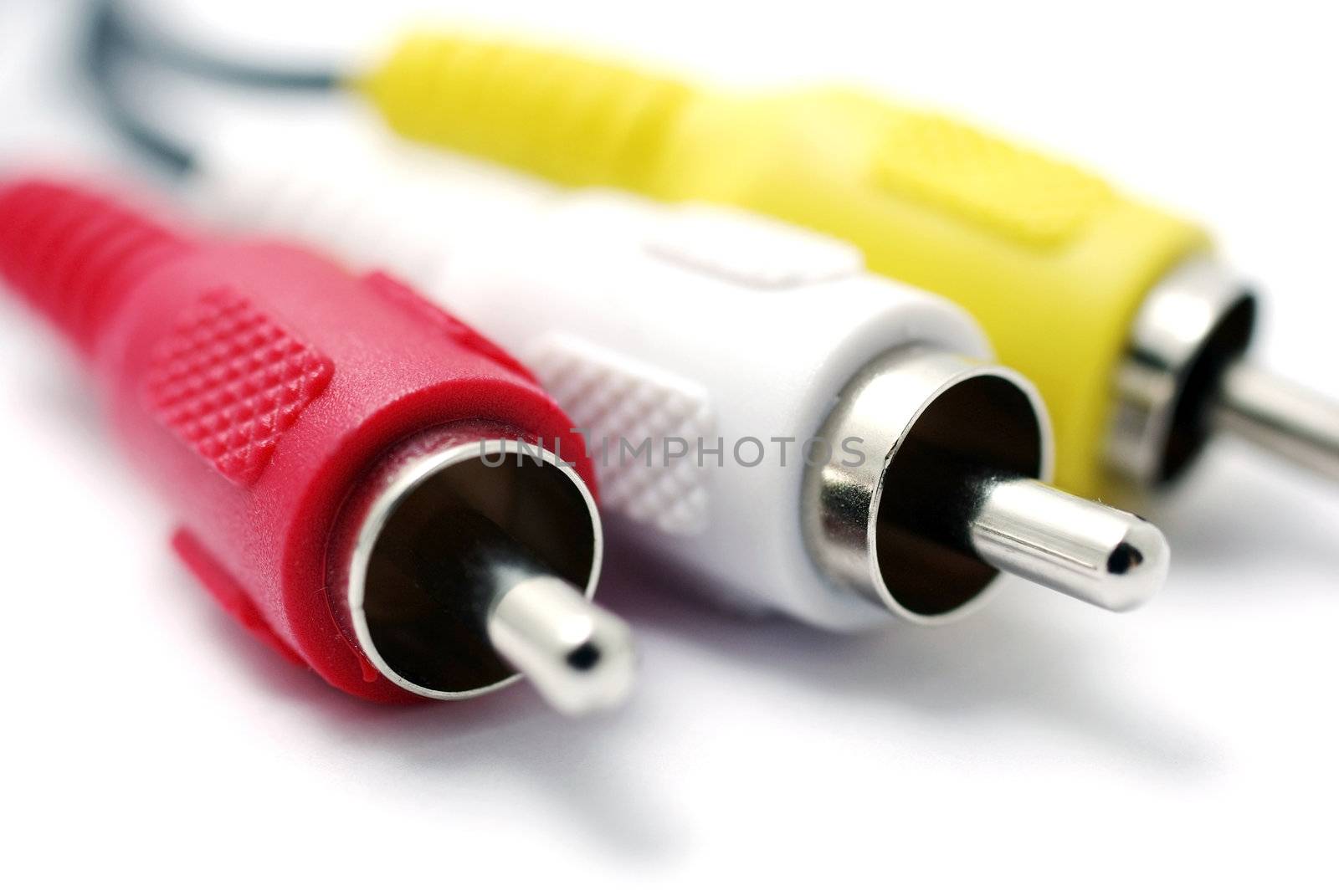 Macro shot of RCA A/V interconnection cable isolated on white ba by borodaev