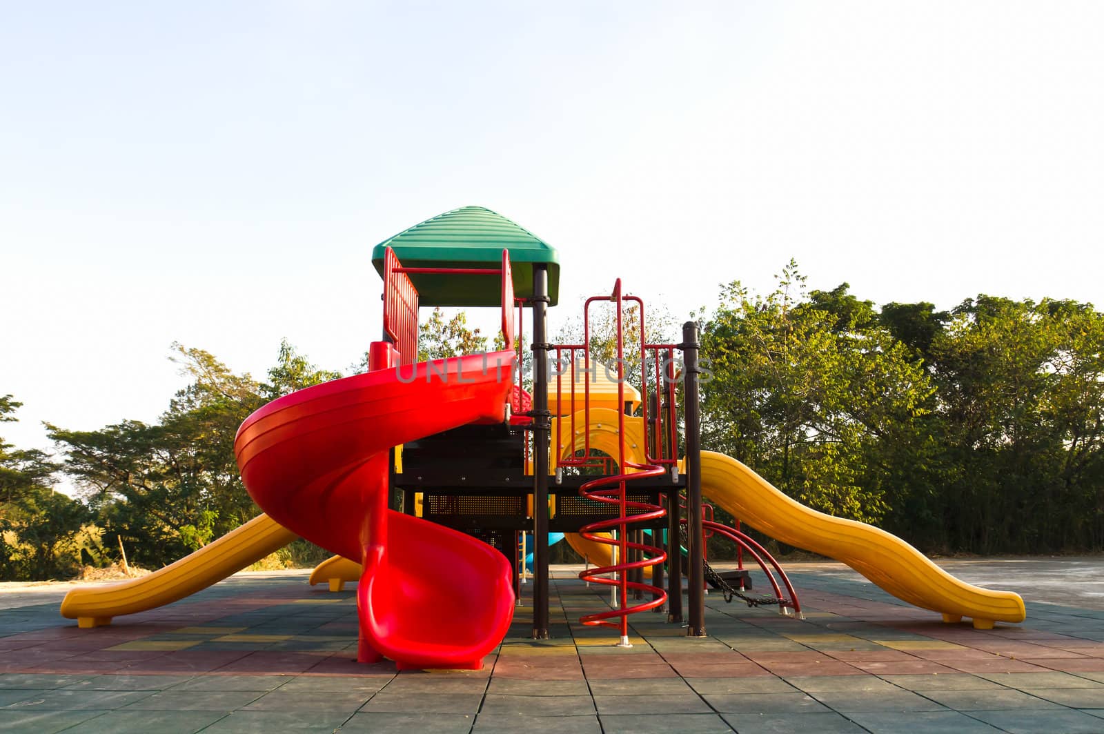 An image of a colorful children playground, without children