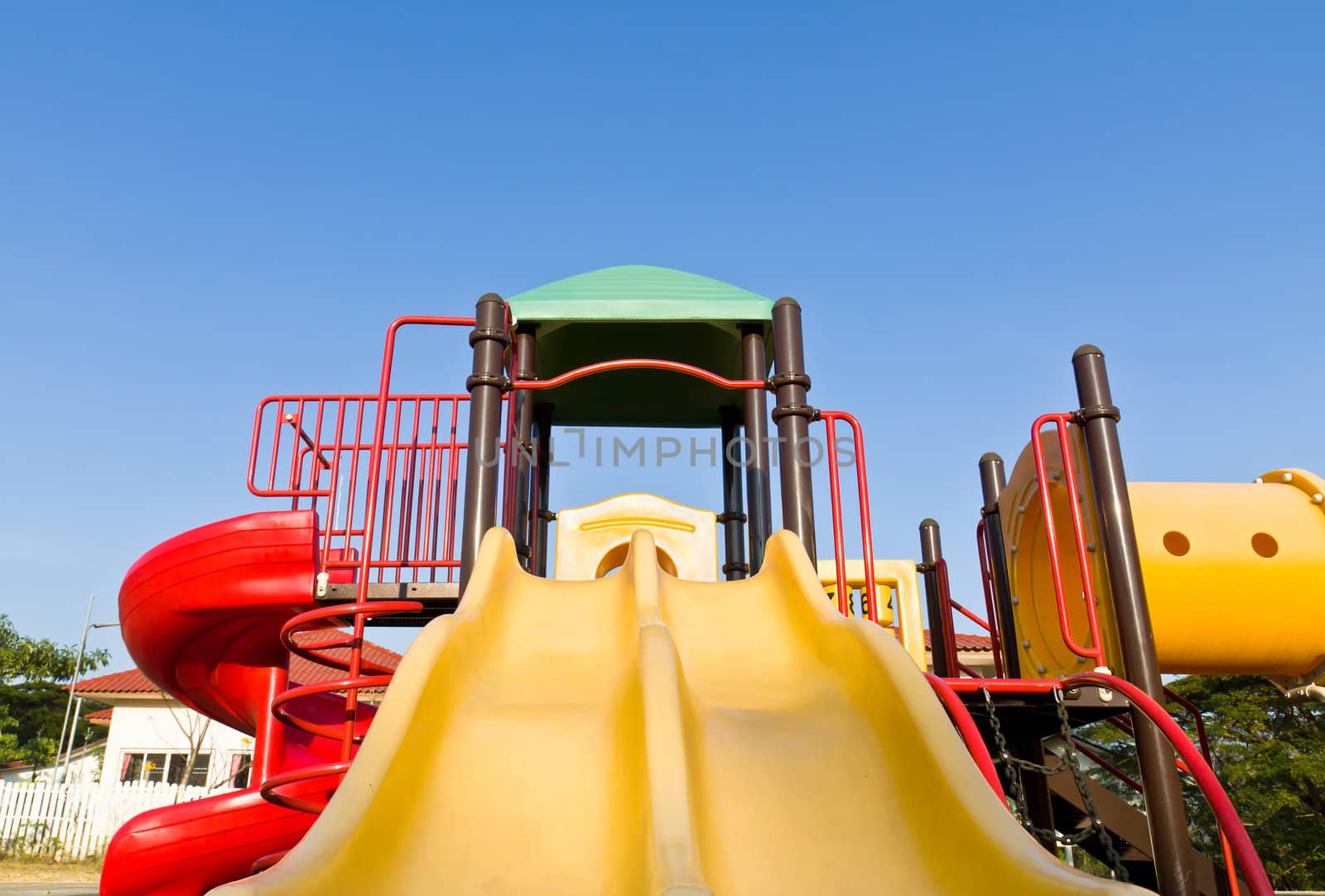 An image of a colorful children playground, without children