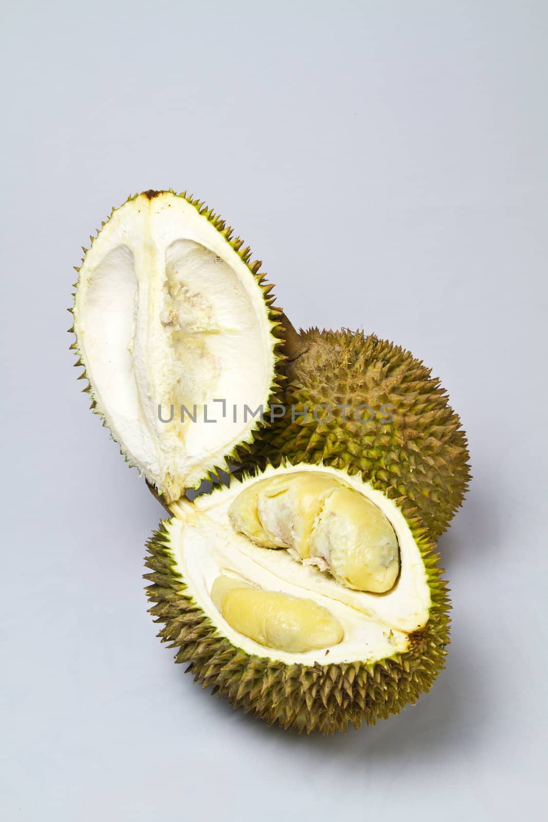 one opened opened durian with one unopened durian on whitish surface in portrait orientation