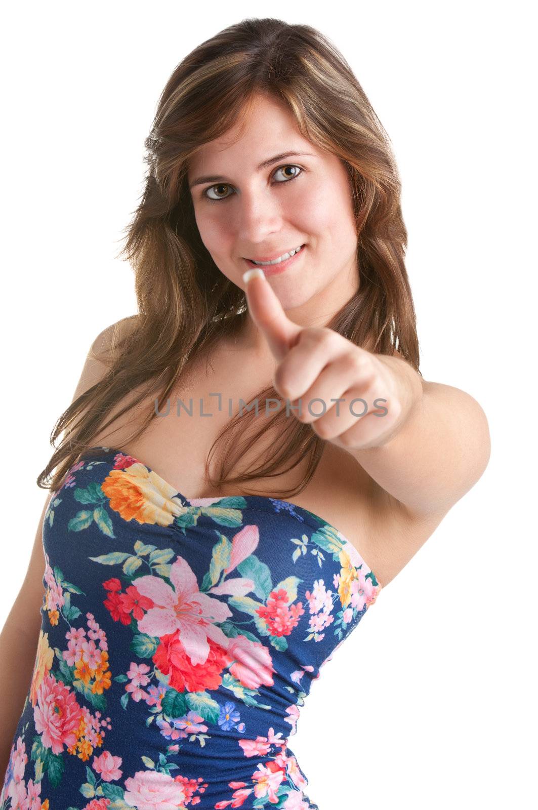 Attractive young woman giving the thumbs-up, isolated on a white background