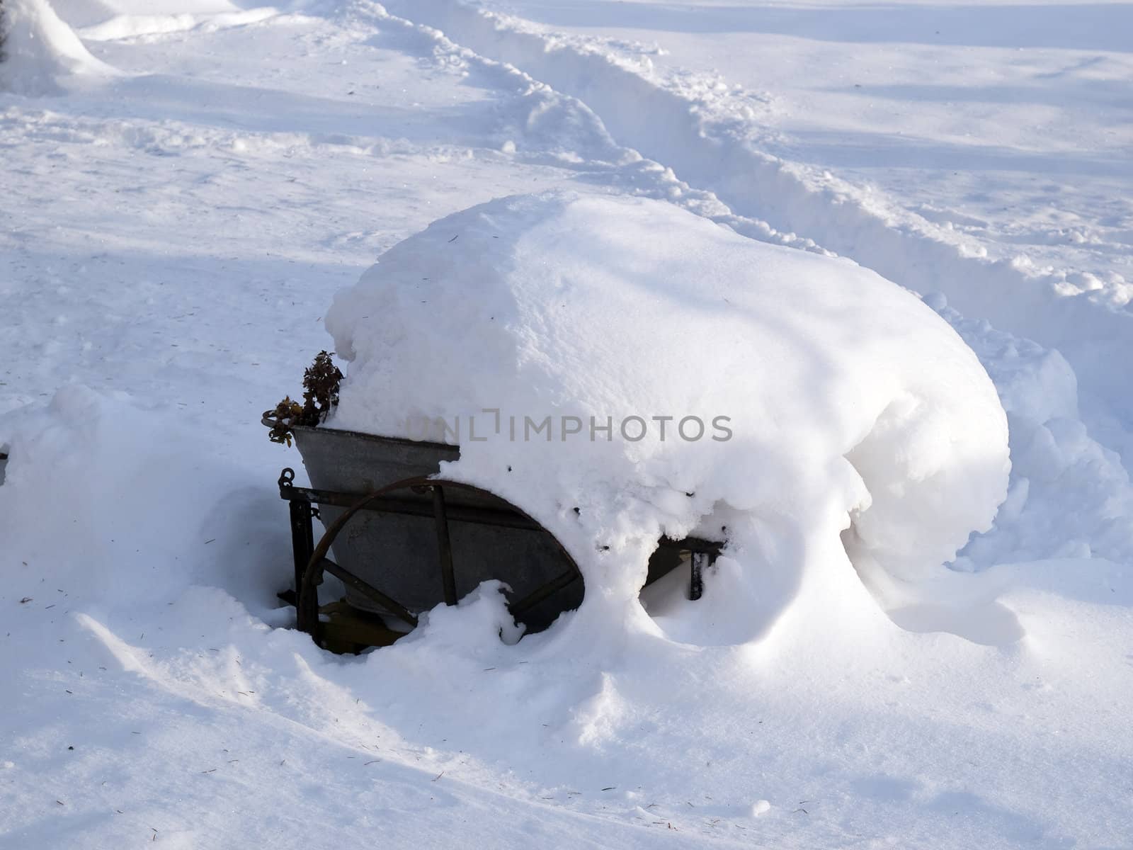 Vintage iron wheelbarrow covered in deep snow perfect winter background image