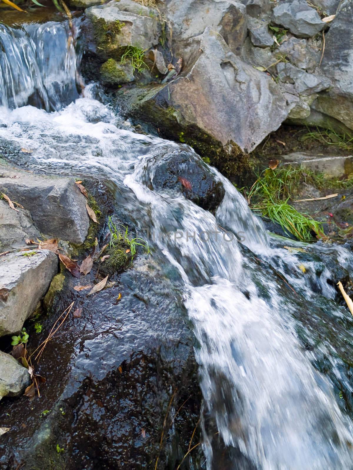 A Small Stream Flowing Over Some Rocks Makes a Waterfall