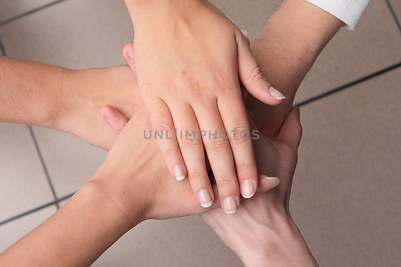 Hands of business men and women bound together