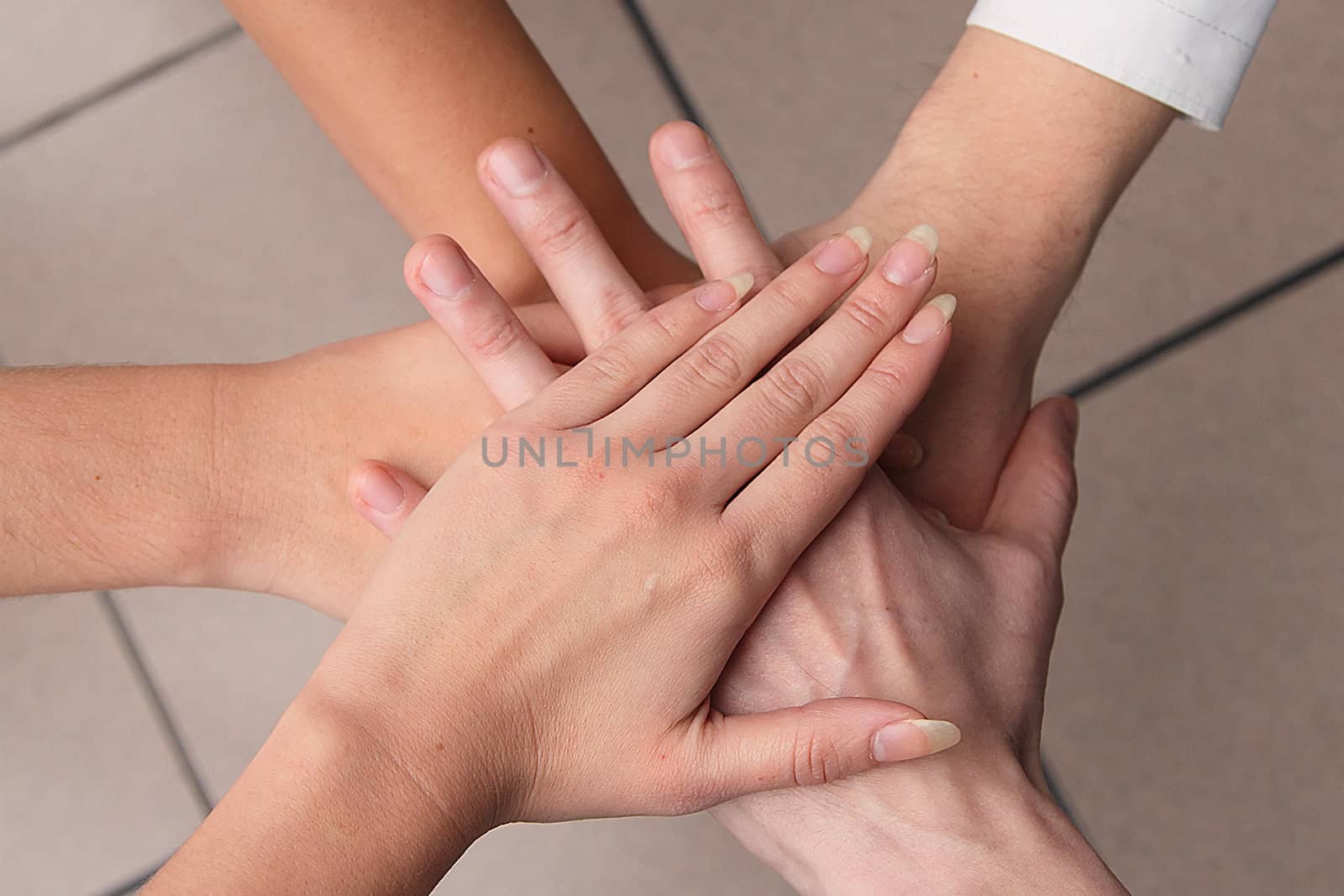 Hands of business men and women bound together