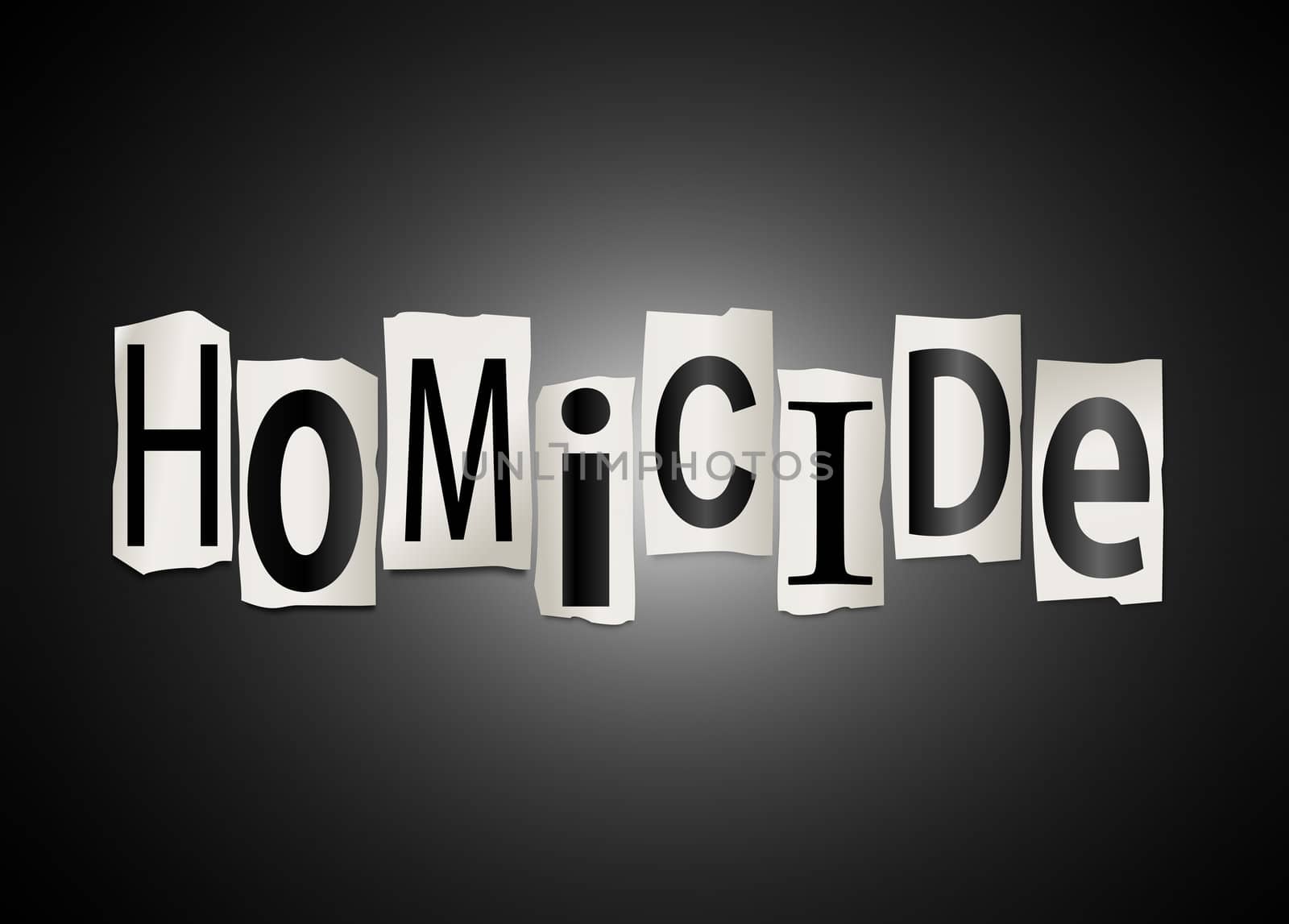 Illustration depicting cutout printed letters arranged to form the word homicide.
