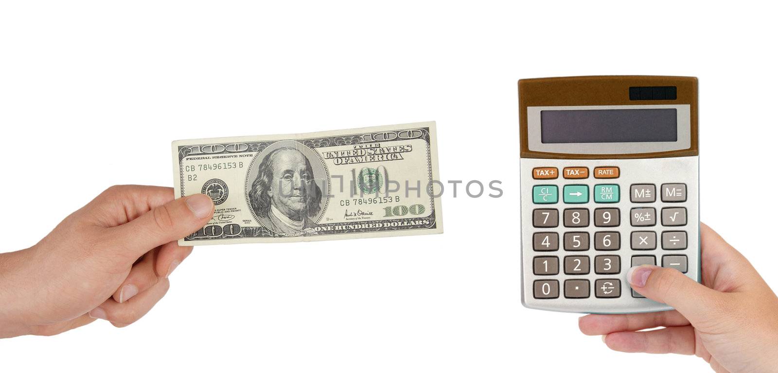 Calculator and hand with 100 dollars
