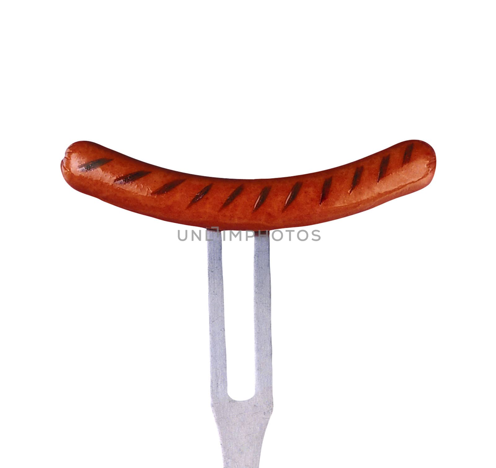close up of sausage and fork on white background