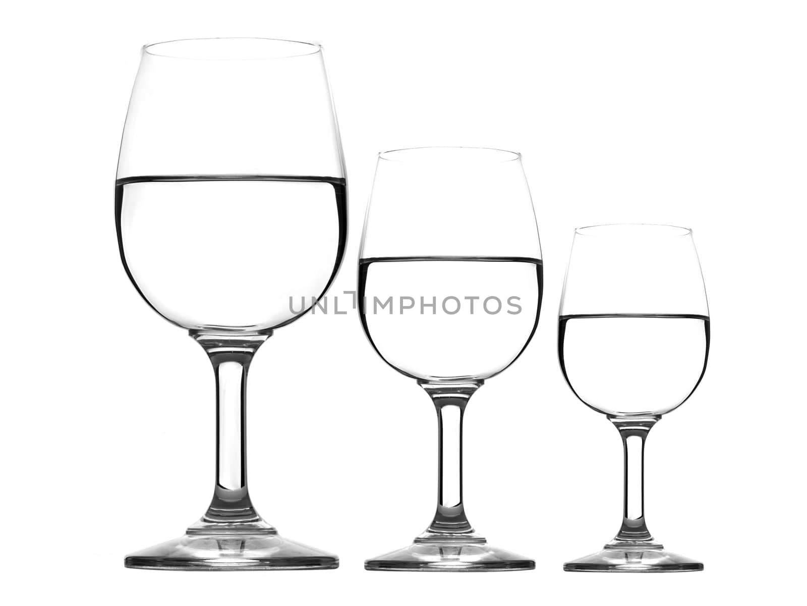 Three wine glasses with water isolated on white