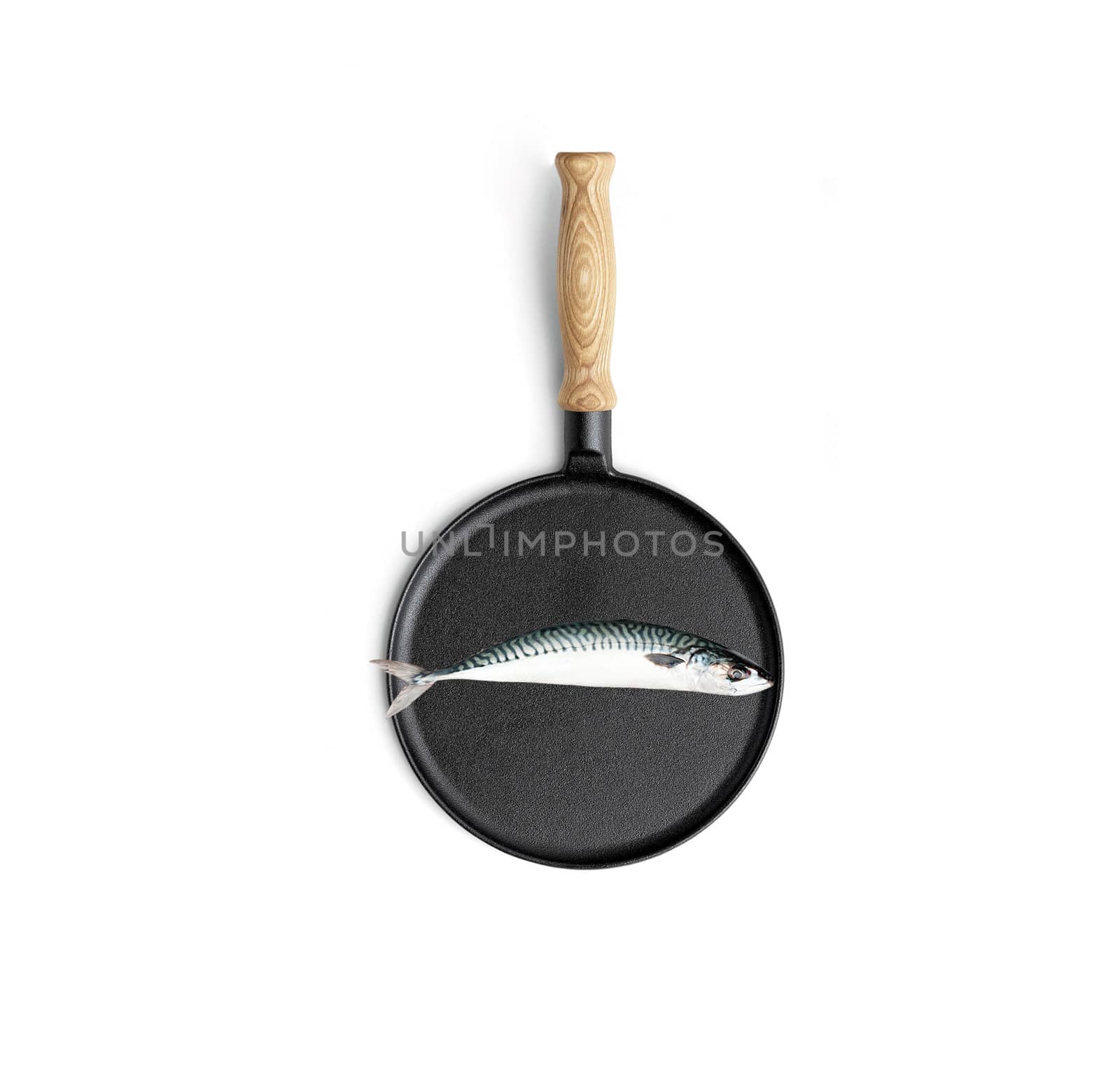 Cooking fish in frying pan isolated