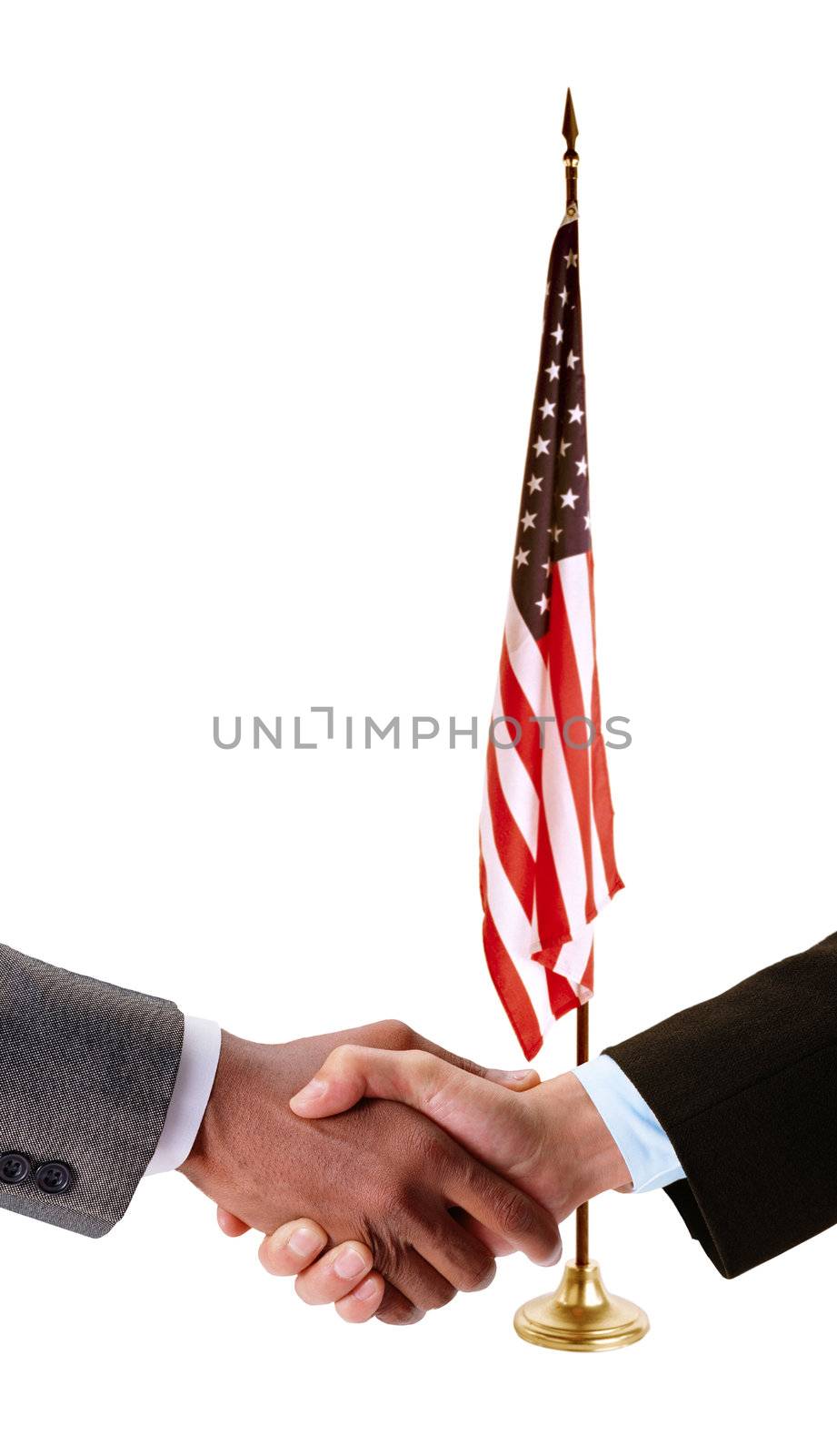 hand shake and American flag