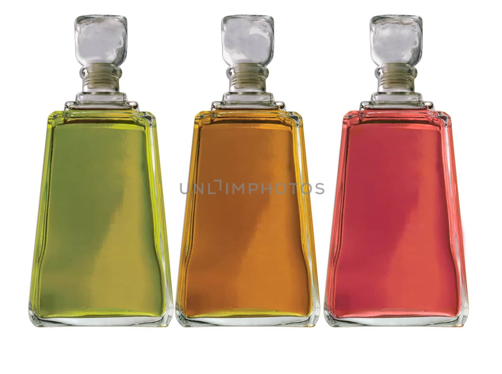 three colors perfume bottles isolated on white background