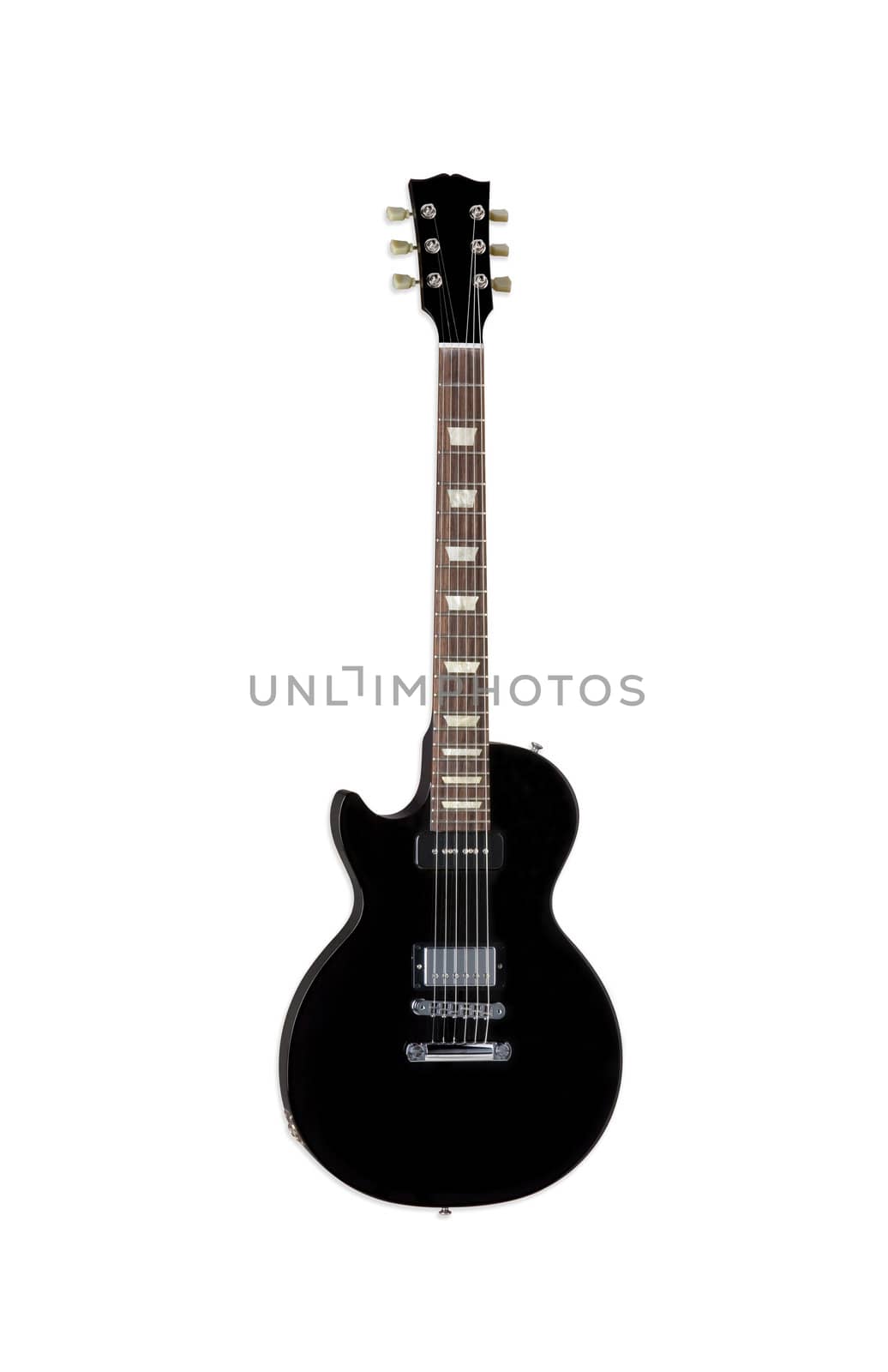 Beautiful black electric guitar isolated on white background