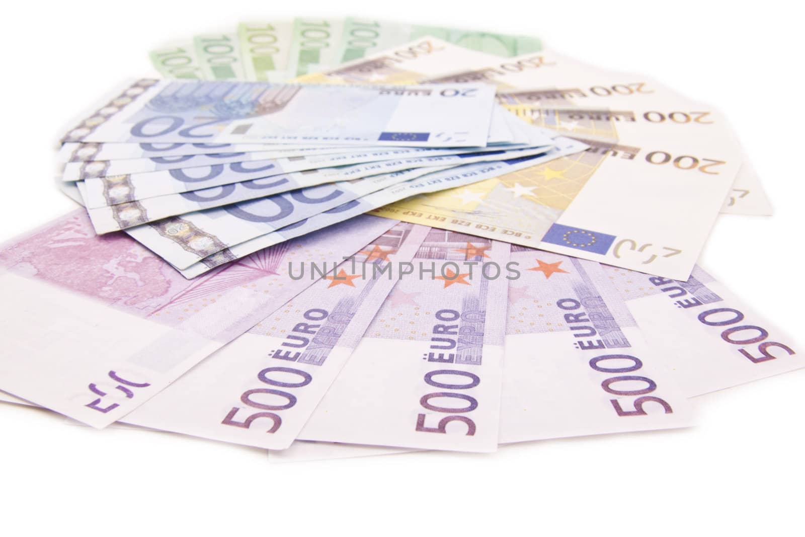 European currency banknotes on white background