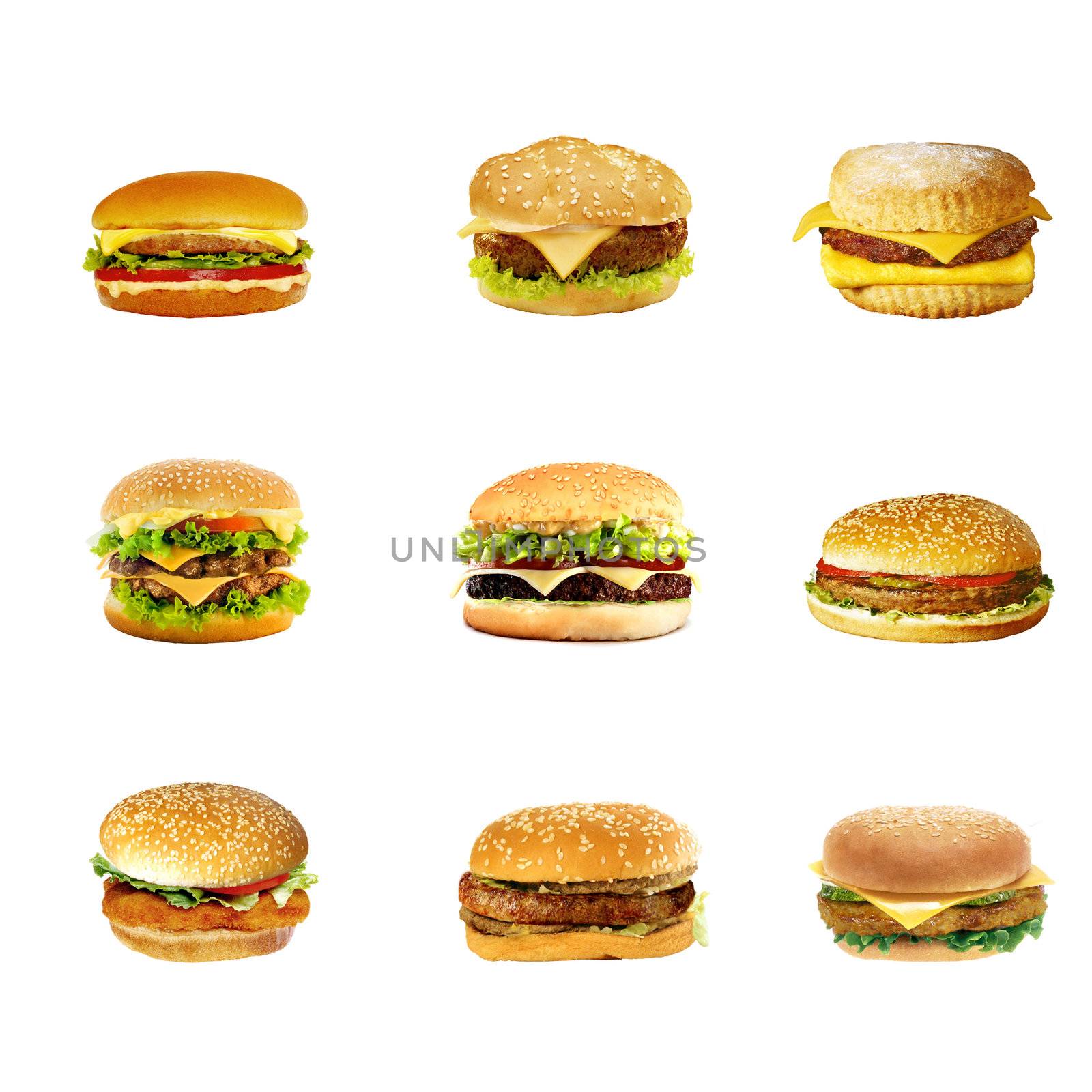 Hamburgers and cheeseburgers isolated on a white