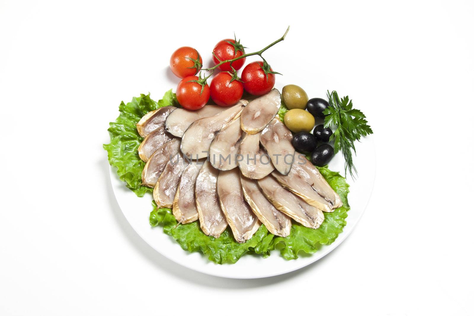 slices smoked fish and vegetables