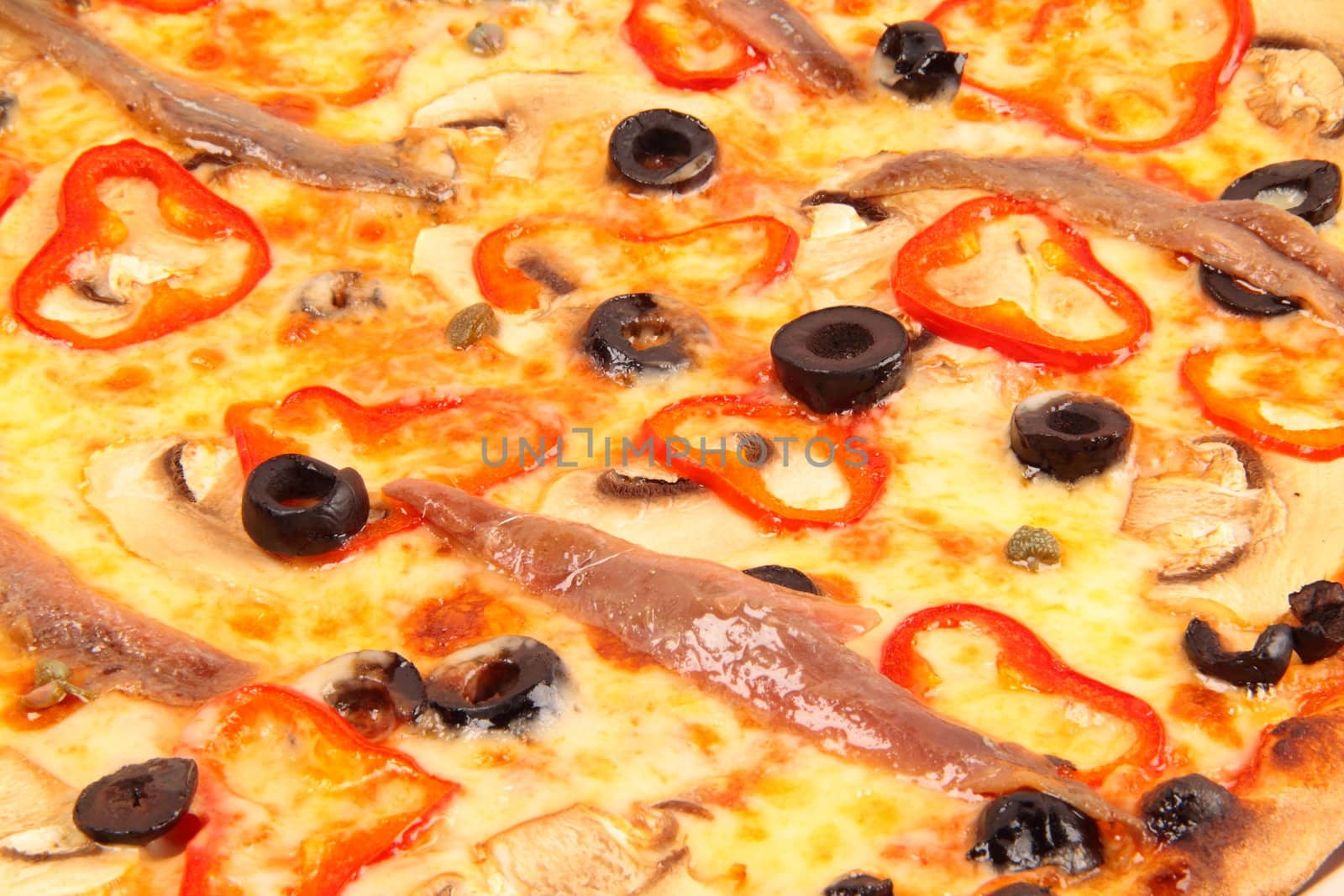 Pizza with olives and fish background