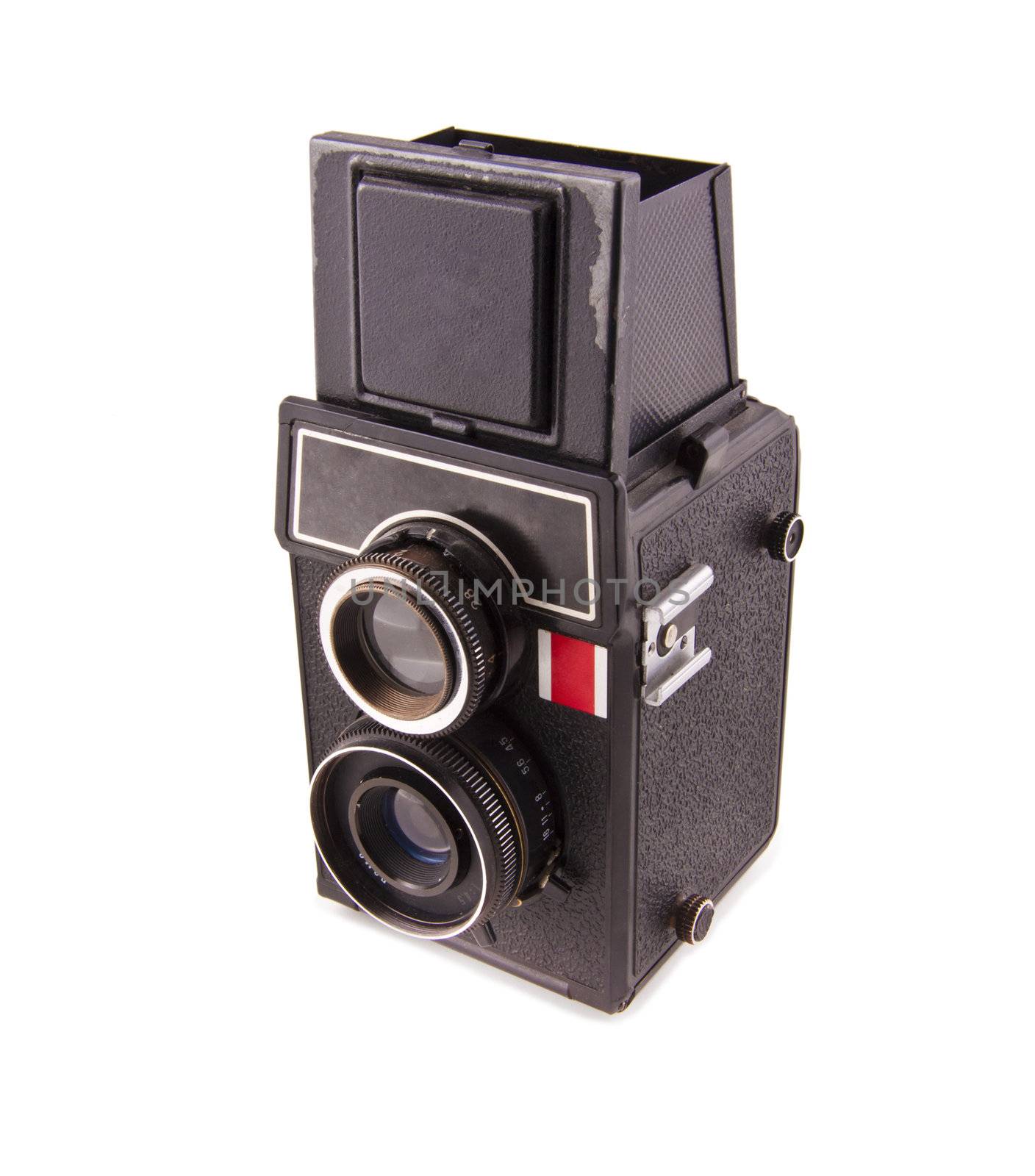Twin lens reflex old photo camera isolated on white