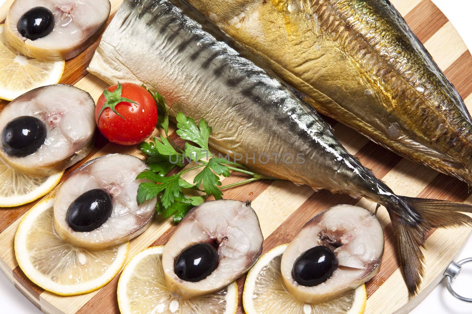 Dish with the cut smoked mackerel background