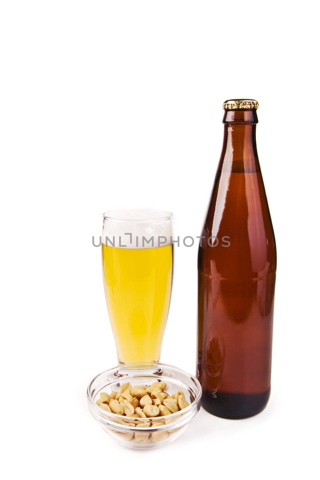 Beer and salted peanuts isolated