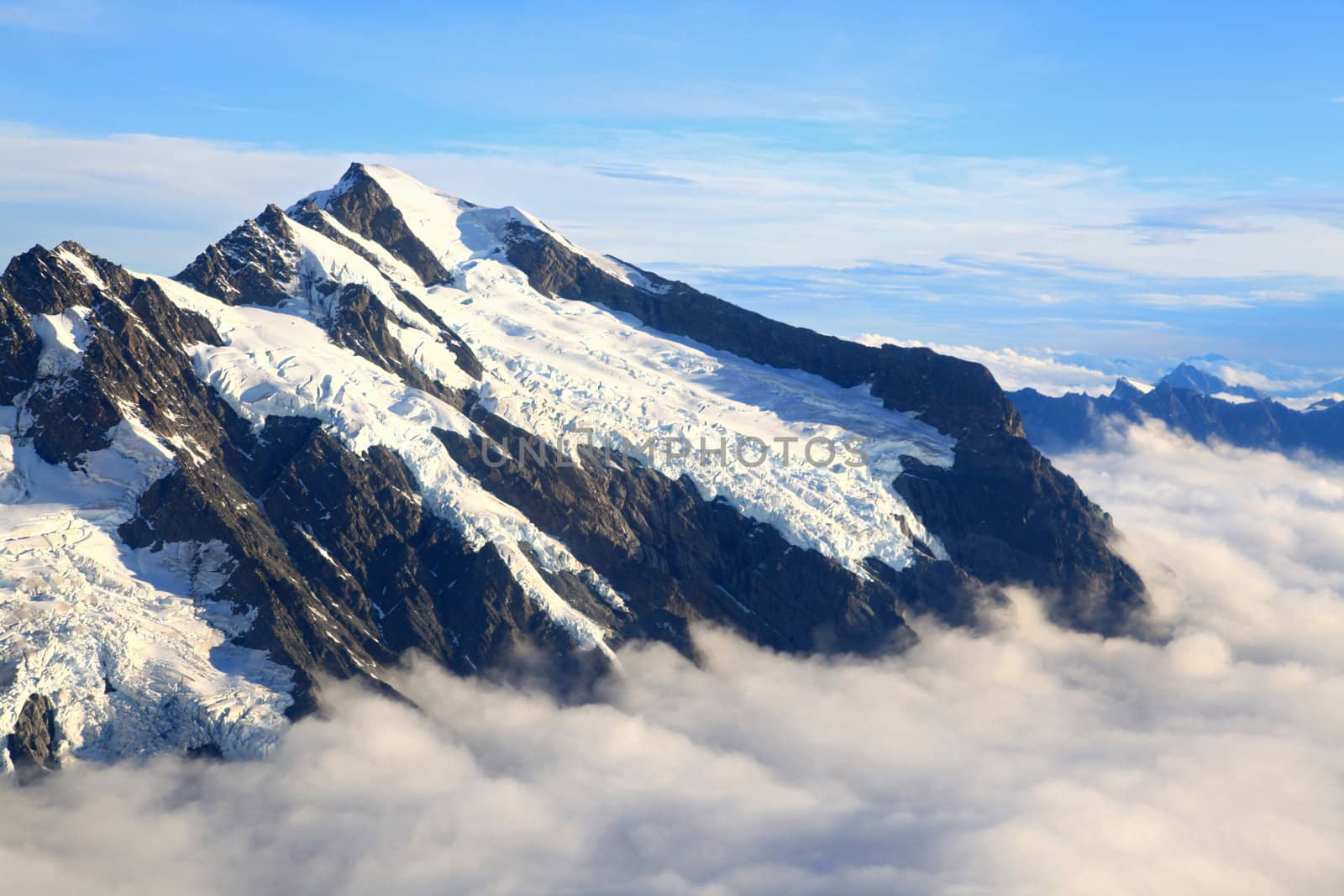 landscape of Mount cook with sea of mist from helicopter