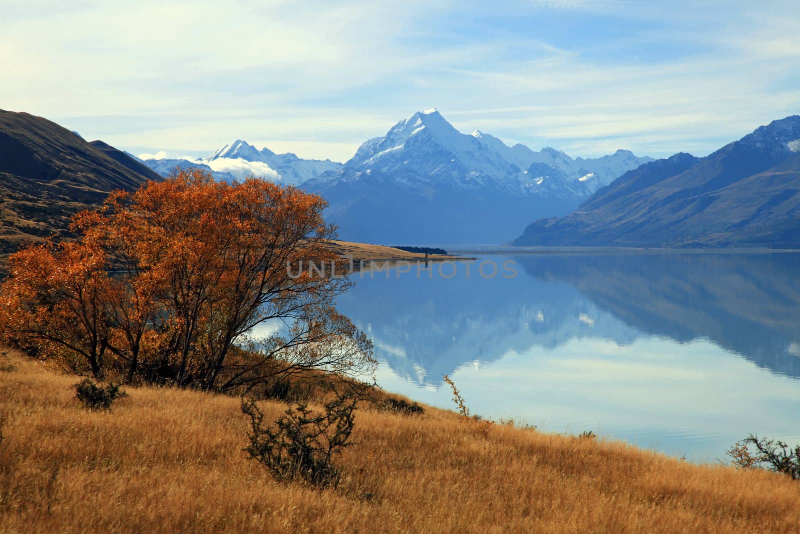 landscape of mountain Cook, the highest mountain in New Zealand,  with its reflection.