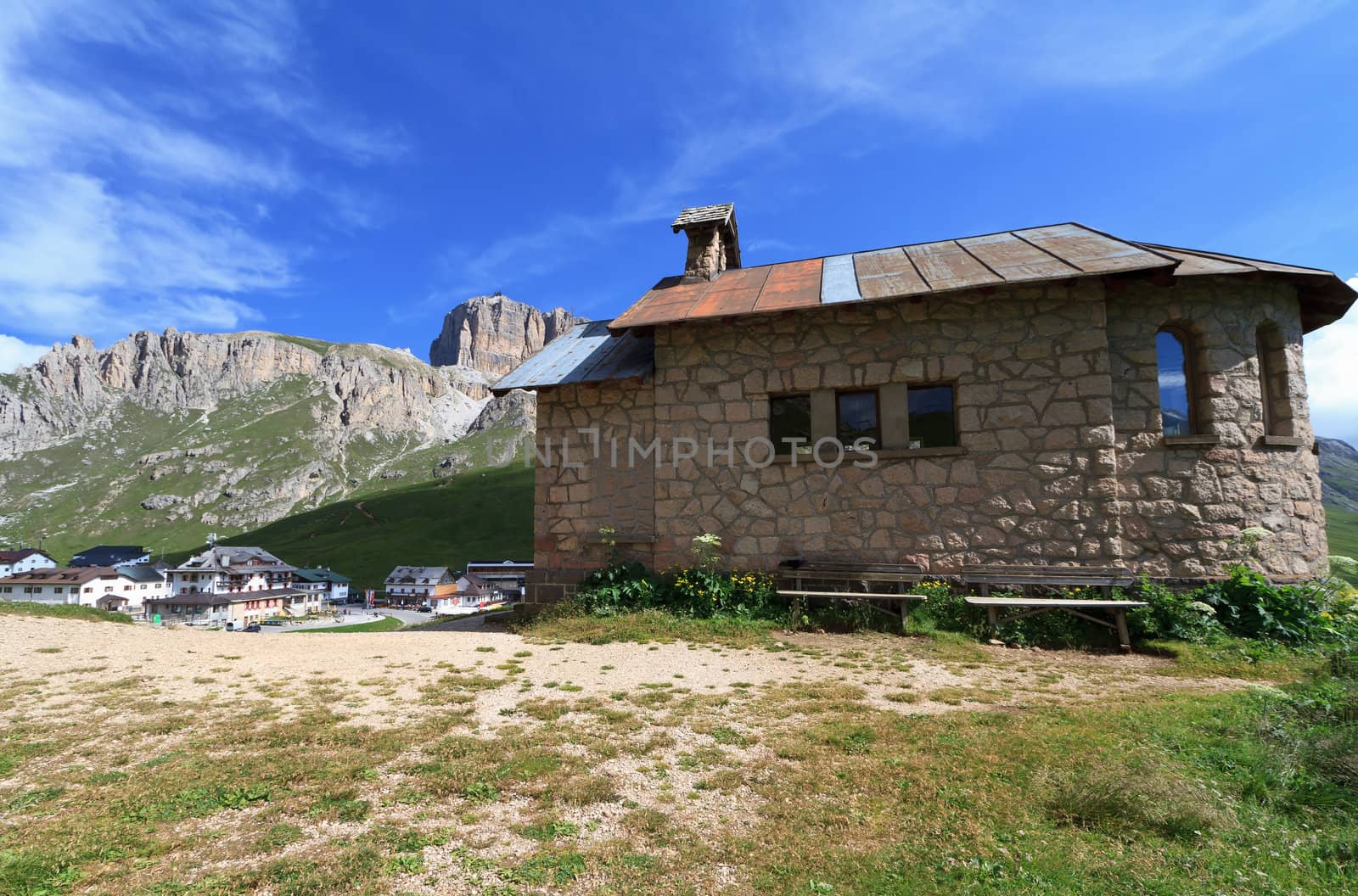 chapel in Pordoi pass between Arabba and Canazei, Italian Dolomites