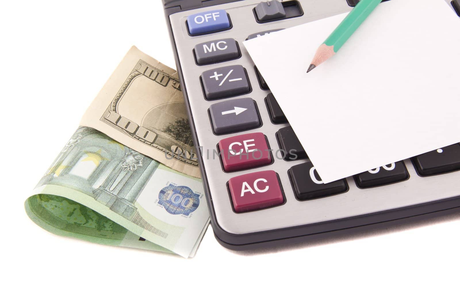 Calculator, money, pen
