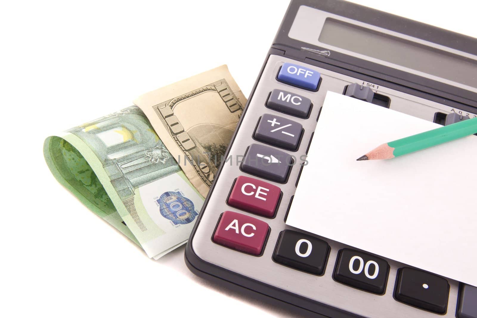 Calculator, money, pen