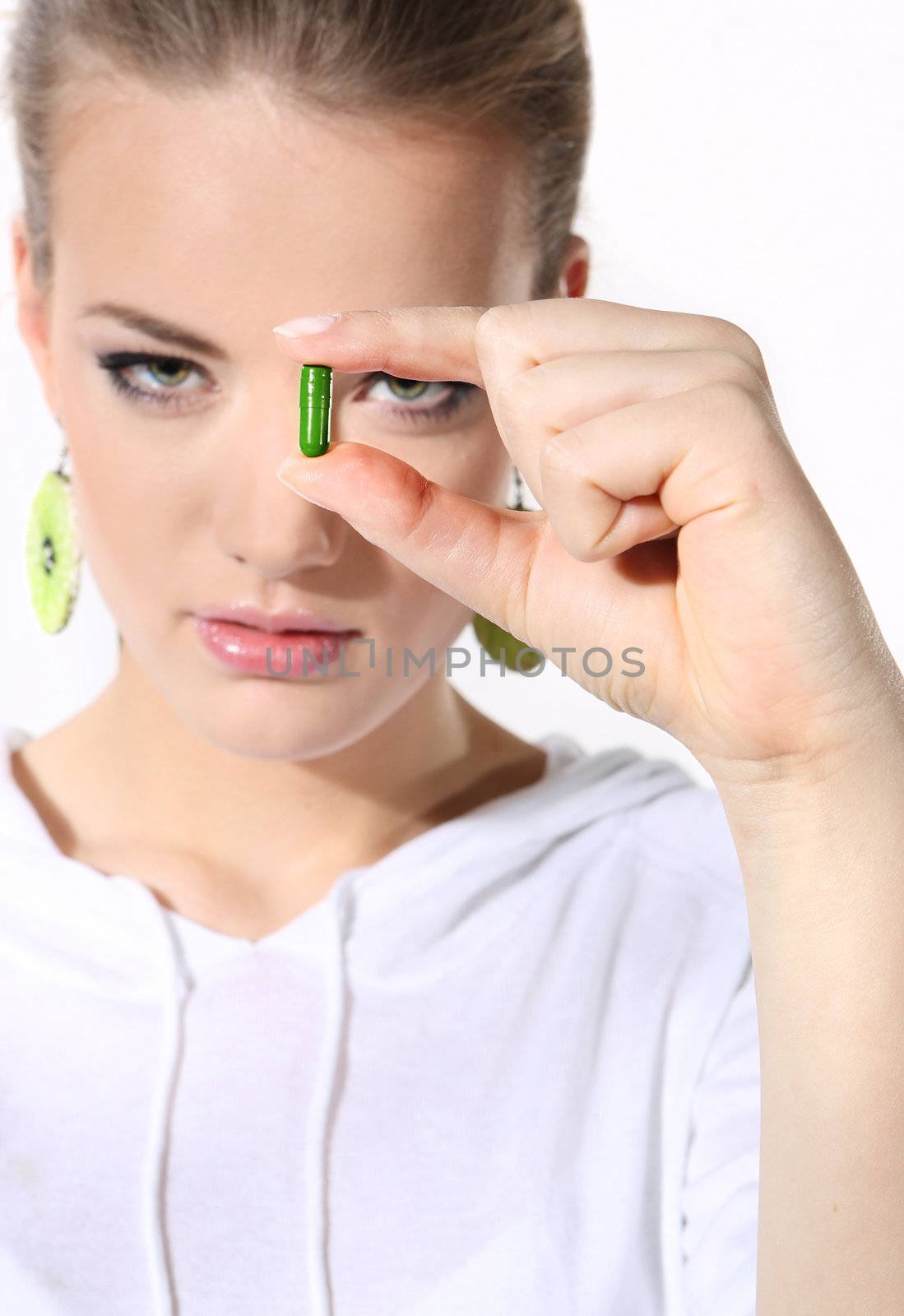 The girl with the tablet on a white background