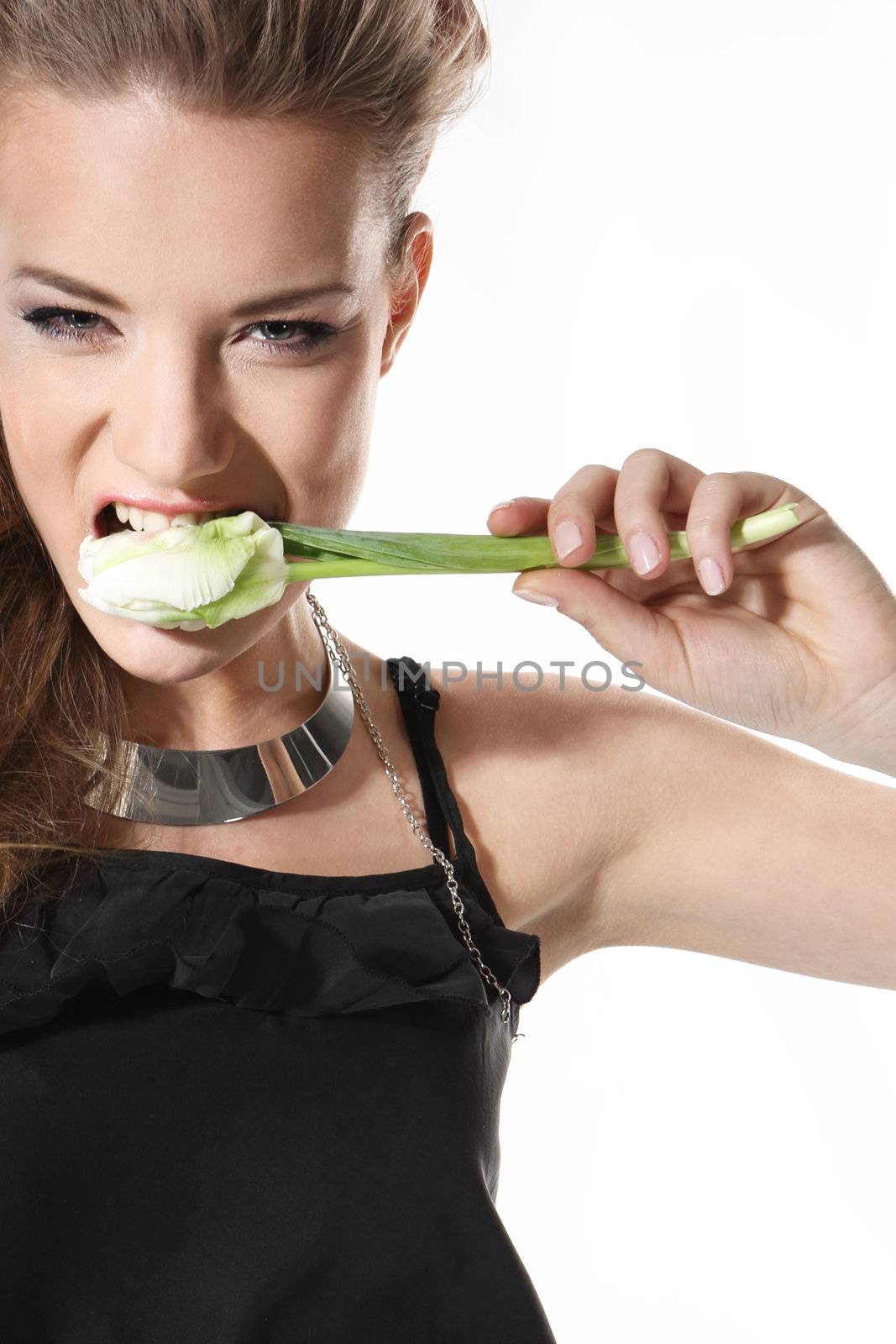 Beautiful girl with beads on white background