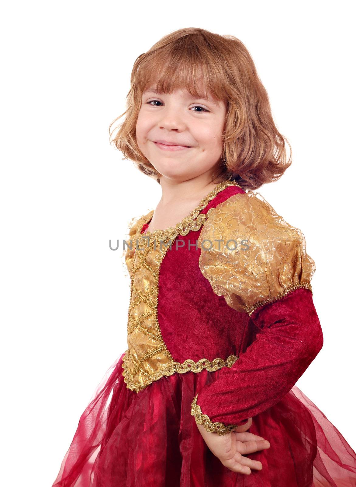 happy little girl in golden red dress by goce