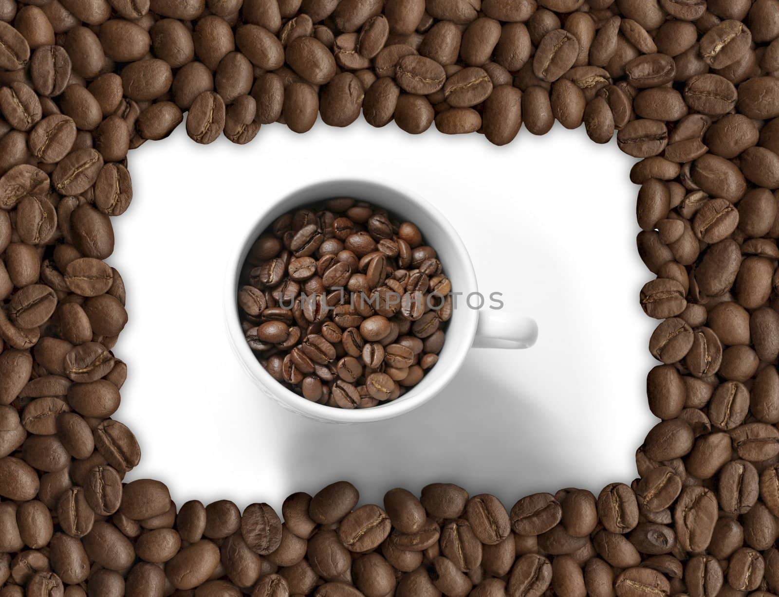 Coffee cup and grain on white background