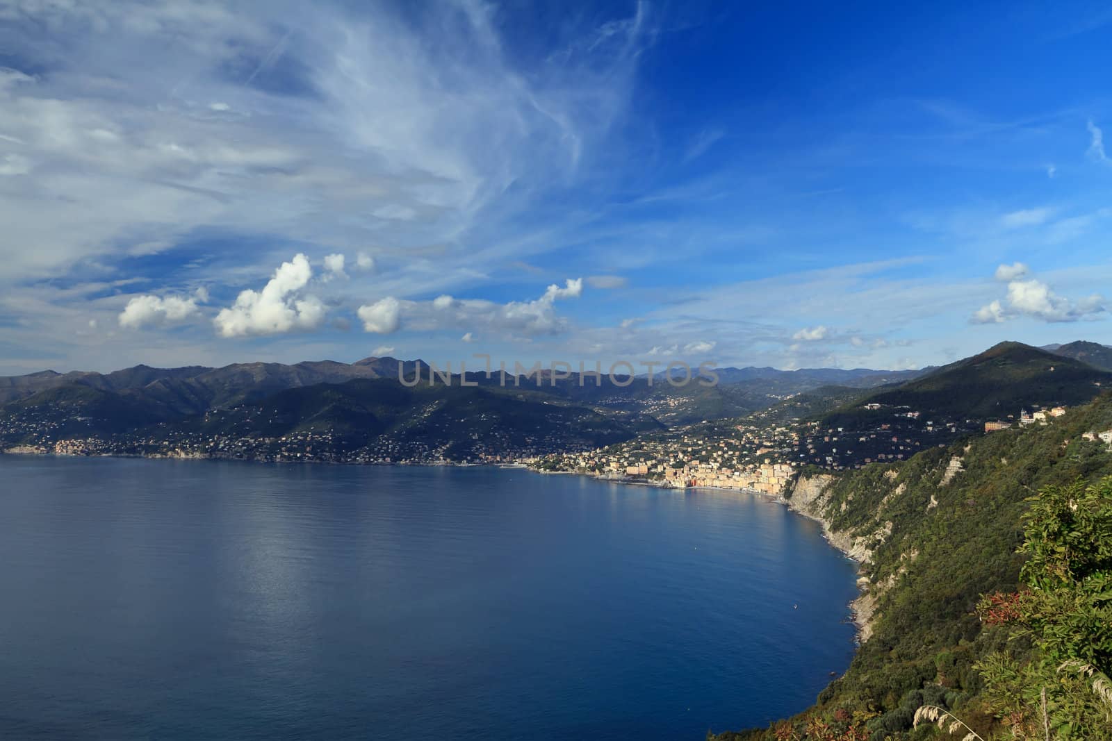 aerial view of Golfo Paradiso with Camogli village, Liguria, Italy