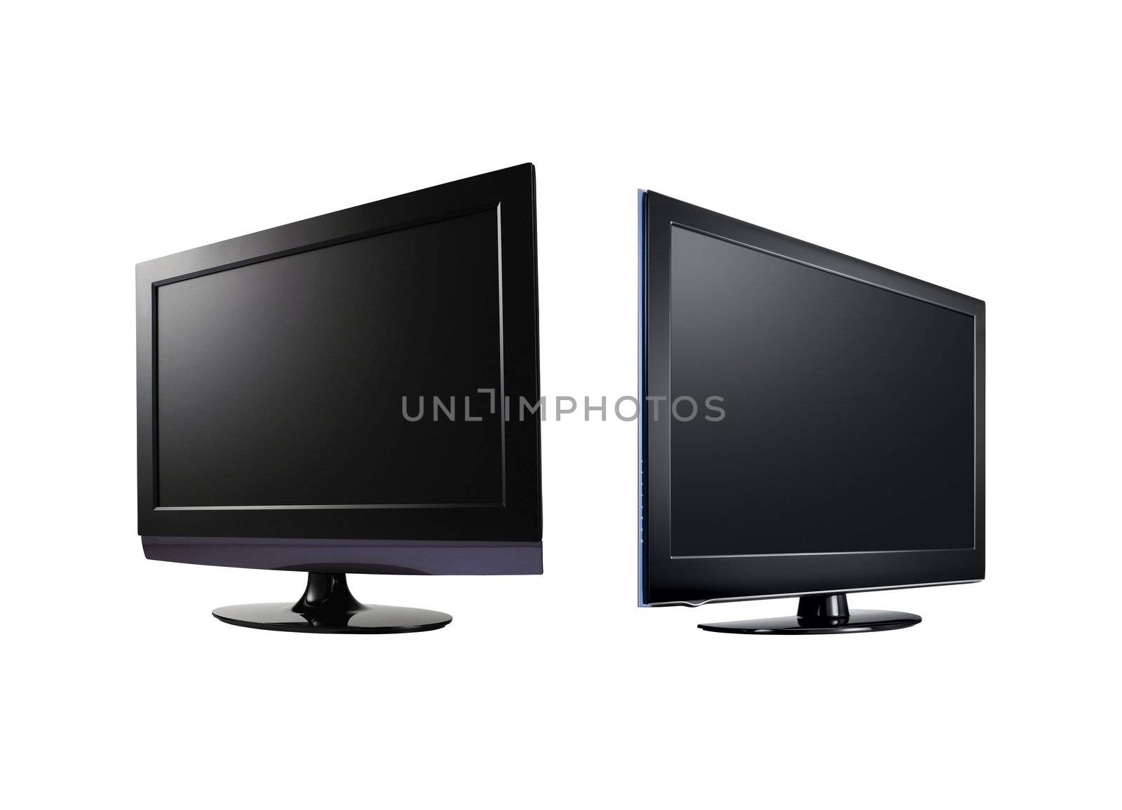two LCD high definition flat screen TV against white background