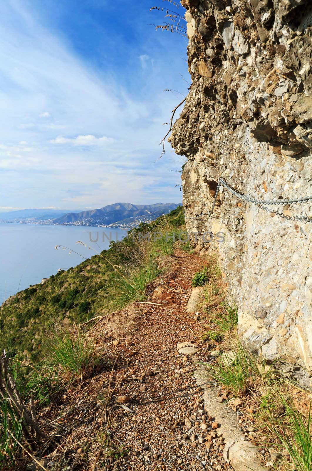 pathway equipped with chains in Portofino Natural Park, Italy