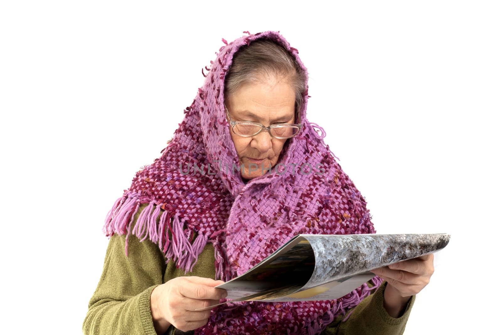 very old Senior woman reading magazine on white background