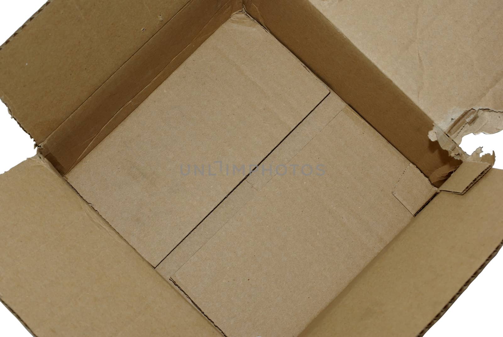 Empty cardboard box isolated on white background. Background, backdrop or design element.