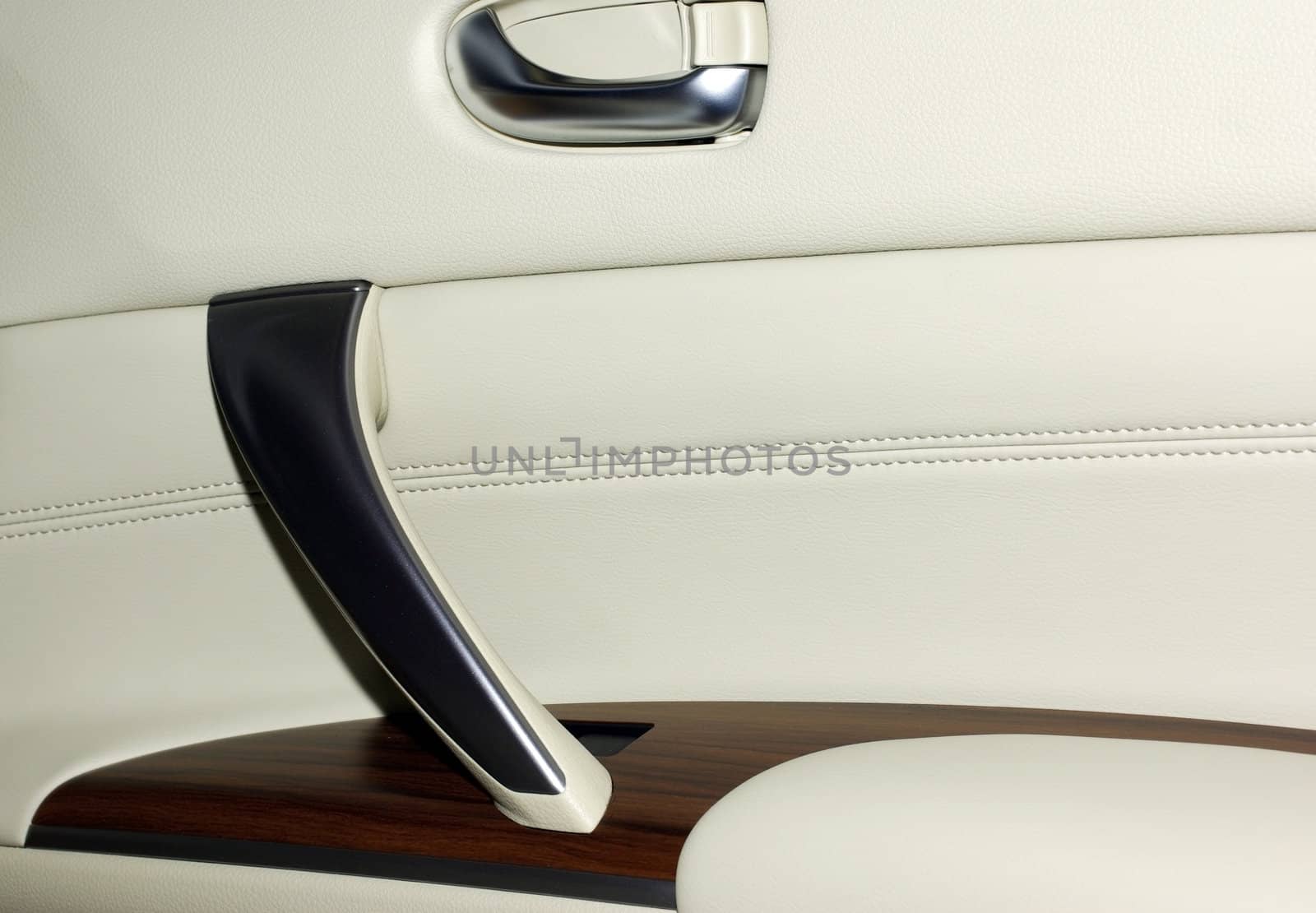 Interior of modern japanese car. Door made of leather, wood and aluminium. As background or backdrop.