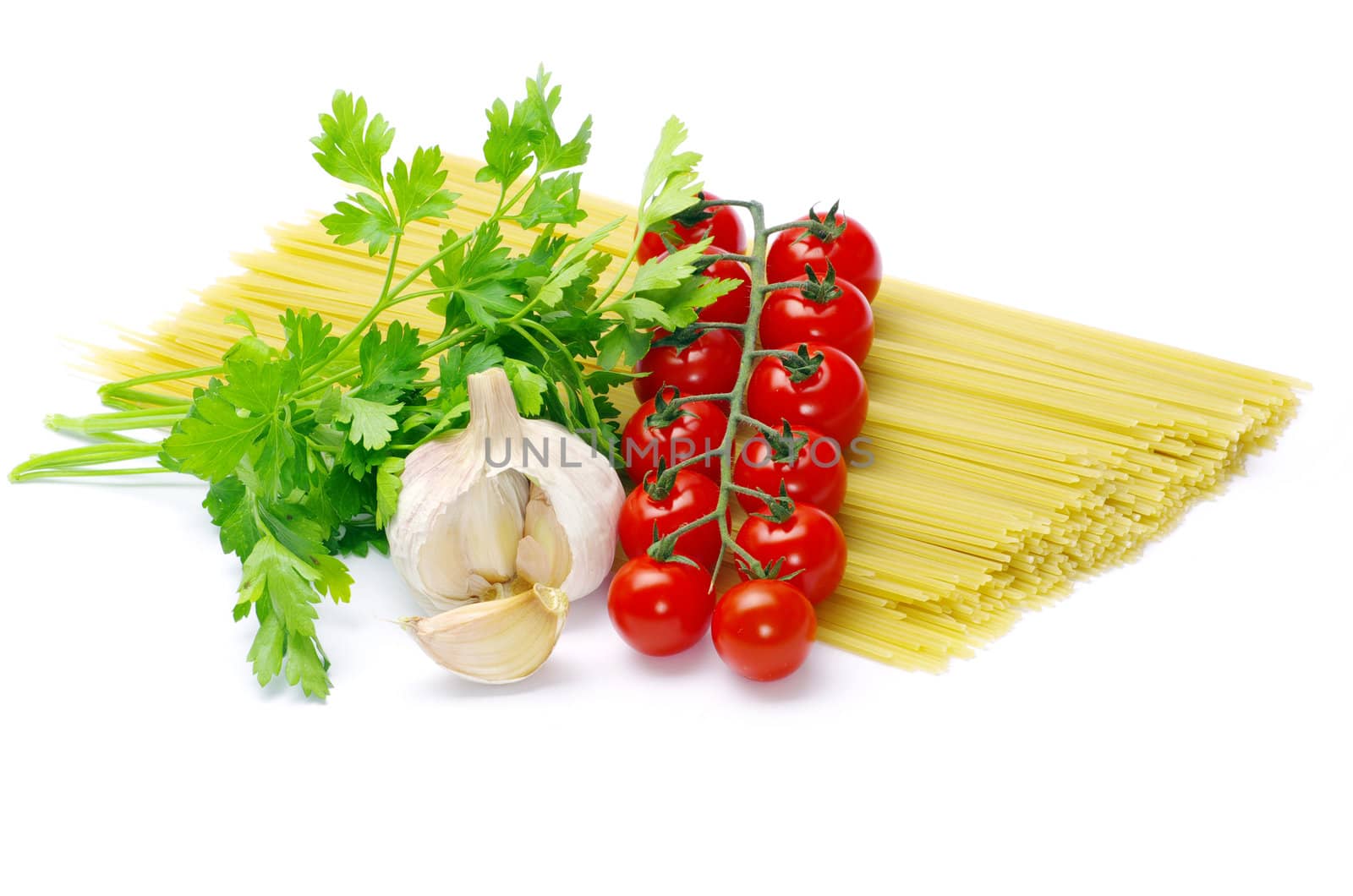 pasta with tomatoes on a white background