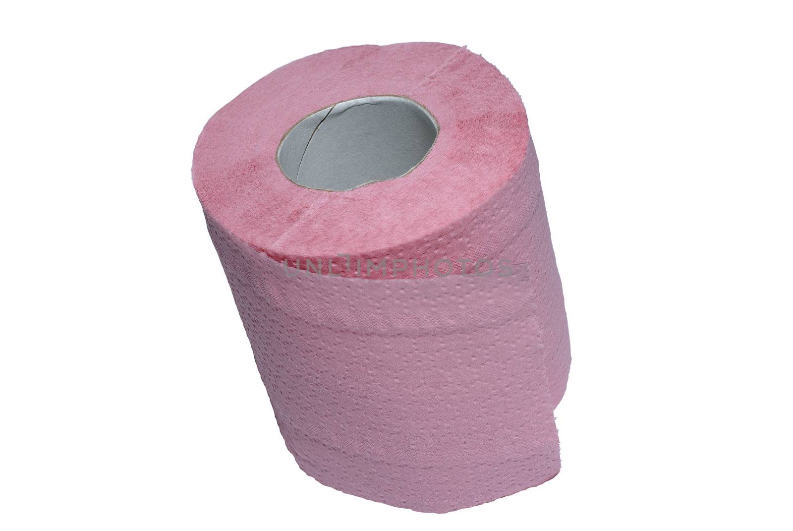 Rolled pink toilet paper isolated on white background. Clipping path.