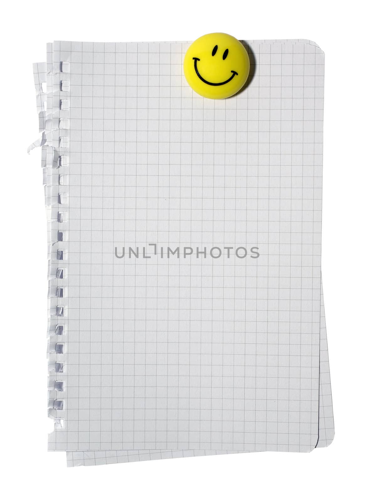 Stack of checked note paper and yellow smiling magnet isolated o by borodaev