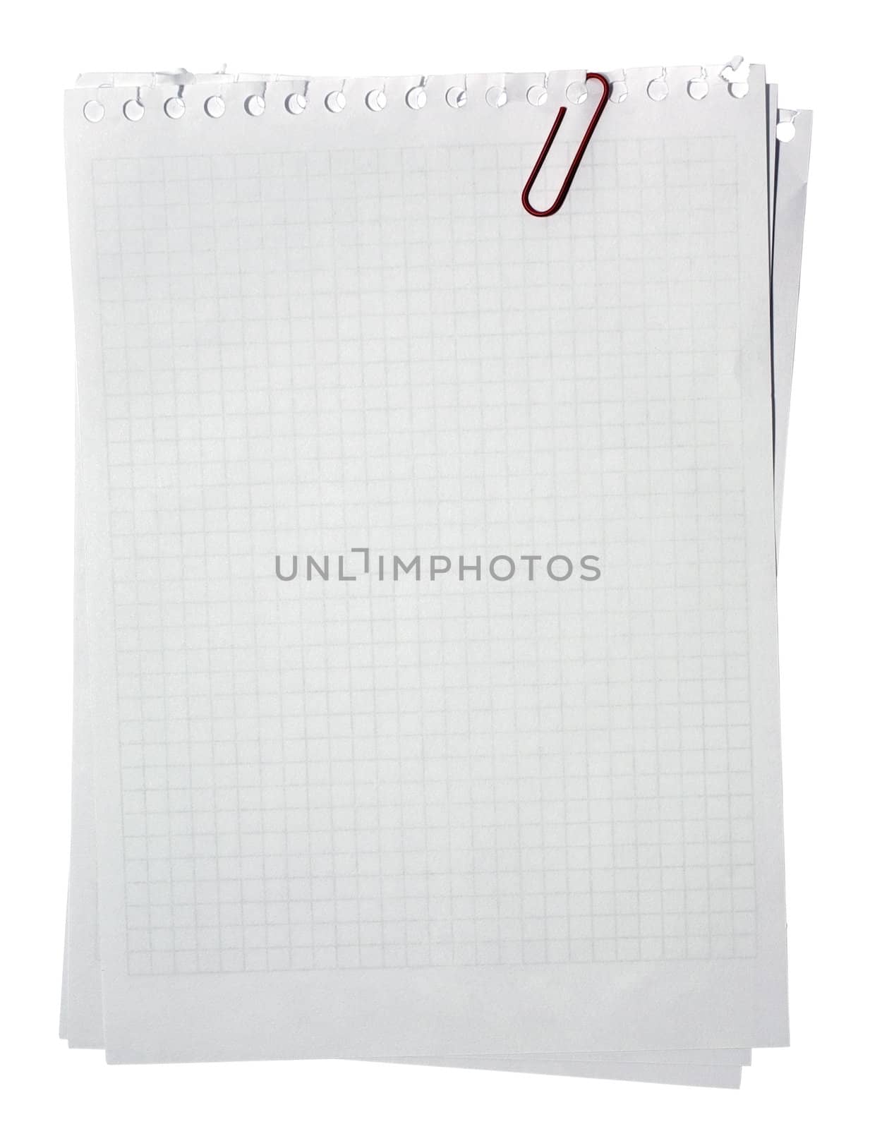 Blank note pages stacked with red clip isolated on white backgro by borodaev