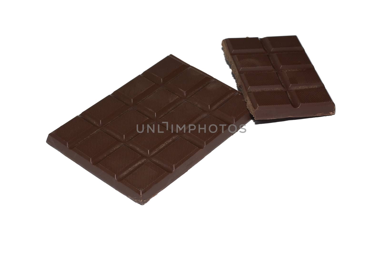 Brown milk chocolate bars isolated on white background with shadow.