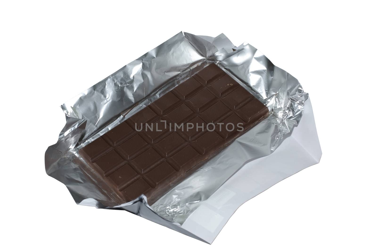 Milk chocolate with foil and wrapper isolated on white backgroun by borodaev