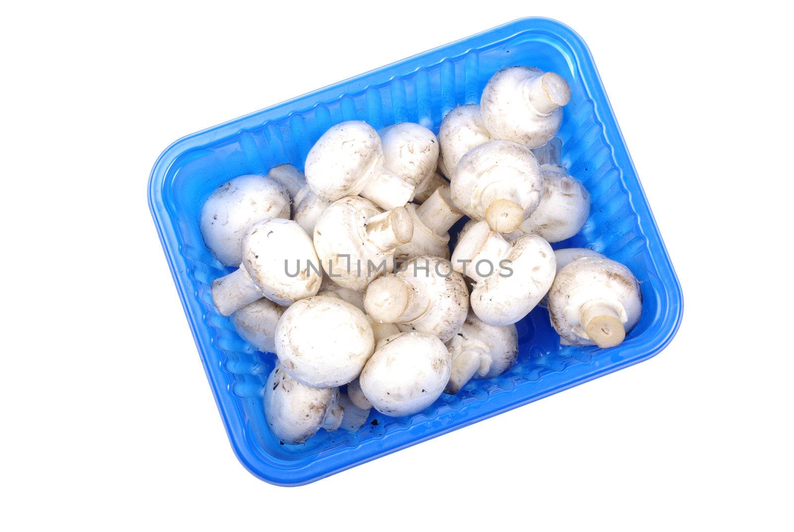 Champignon mushrooms in blue pack isolated on white background.