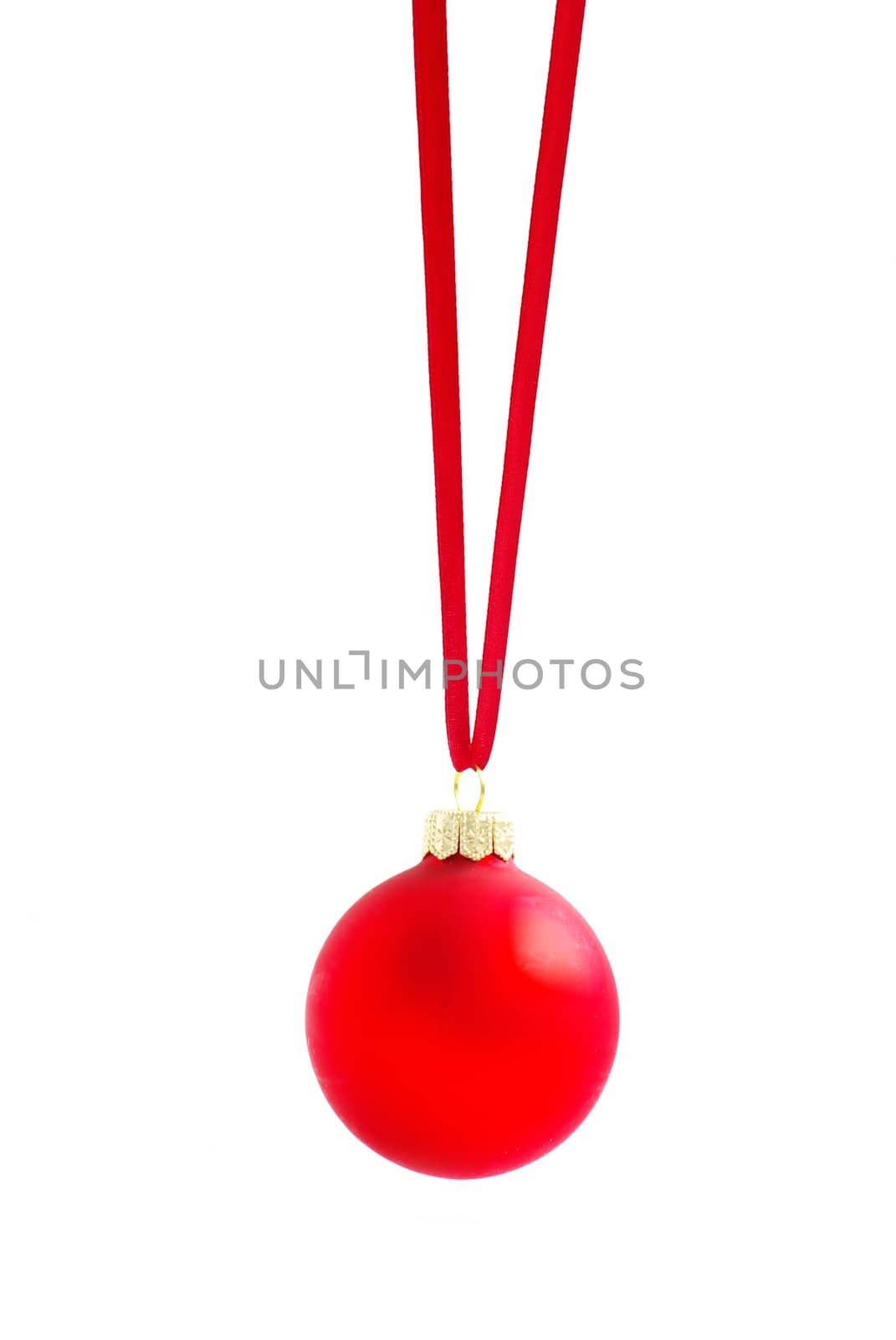 Christmas ball hanging with ribbons on white background