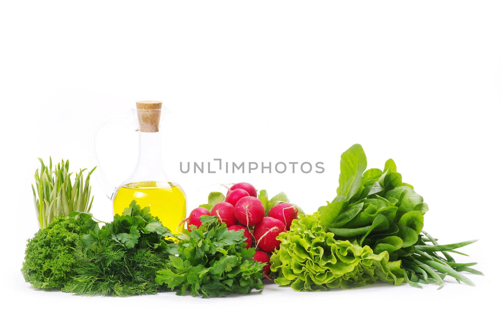 herbs and oil over white