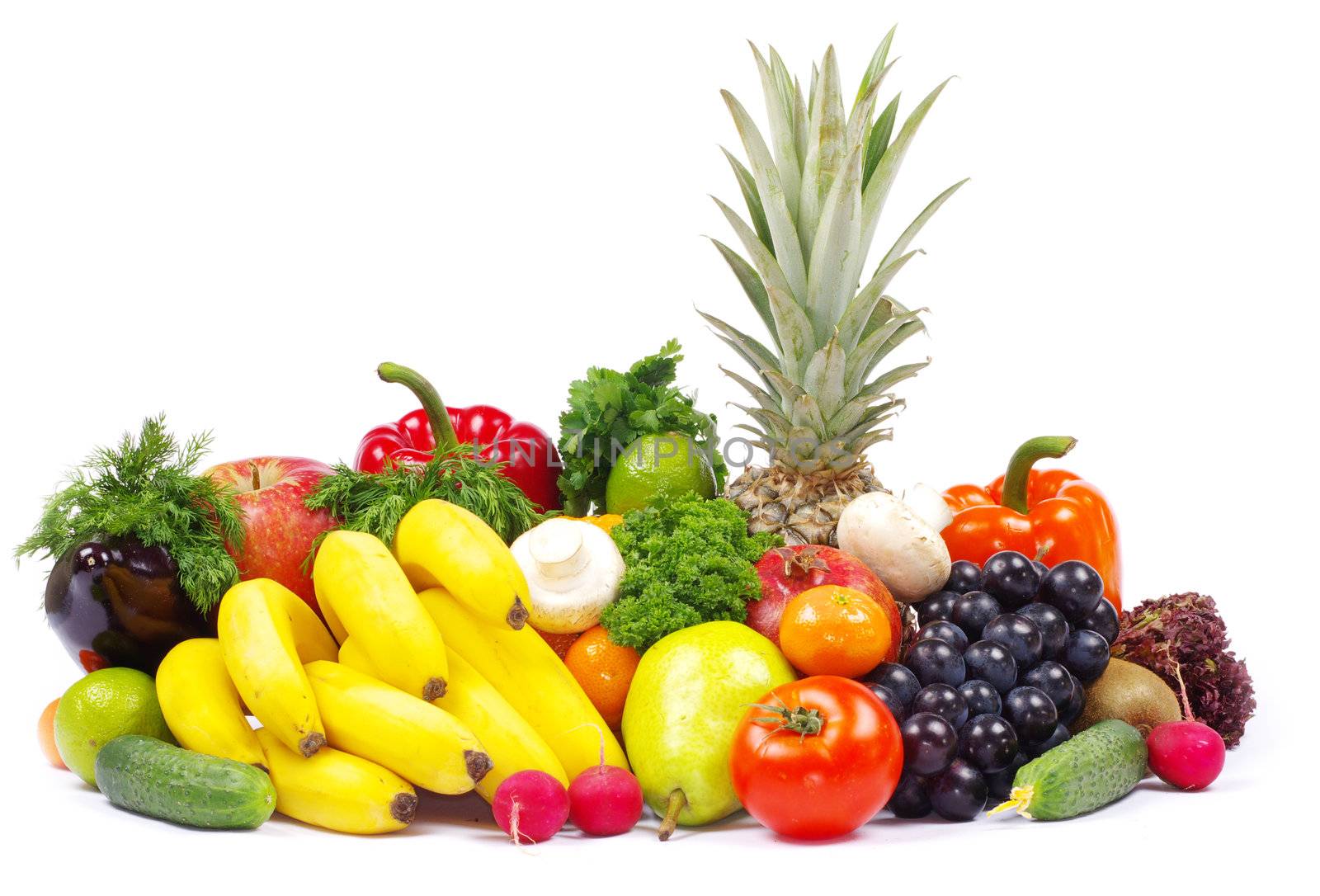 Fresh fruits and vegetables isolated on white